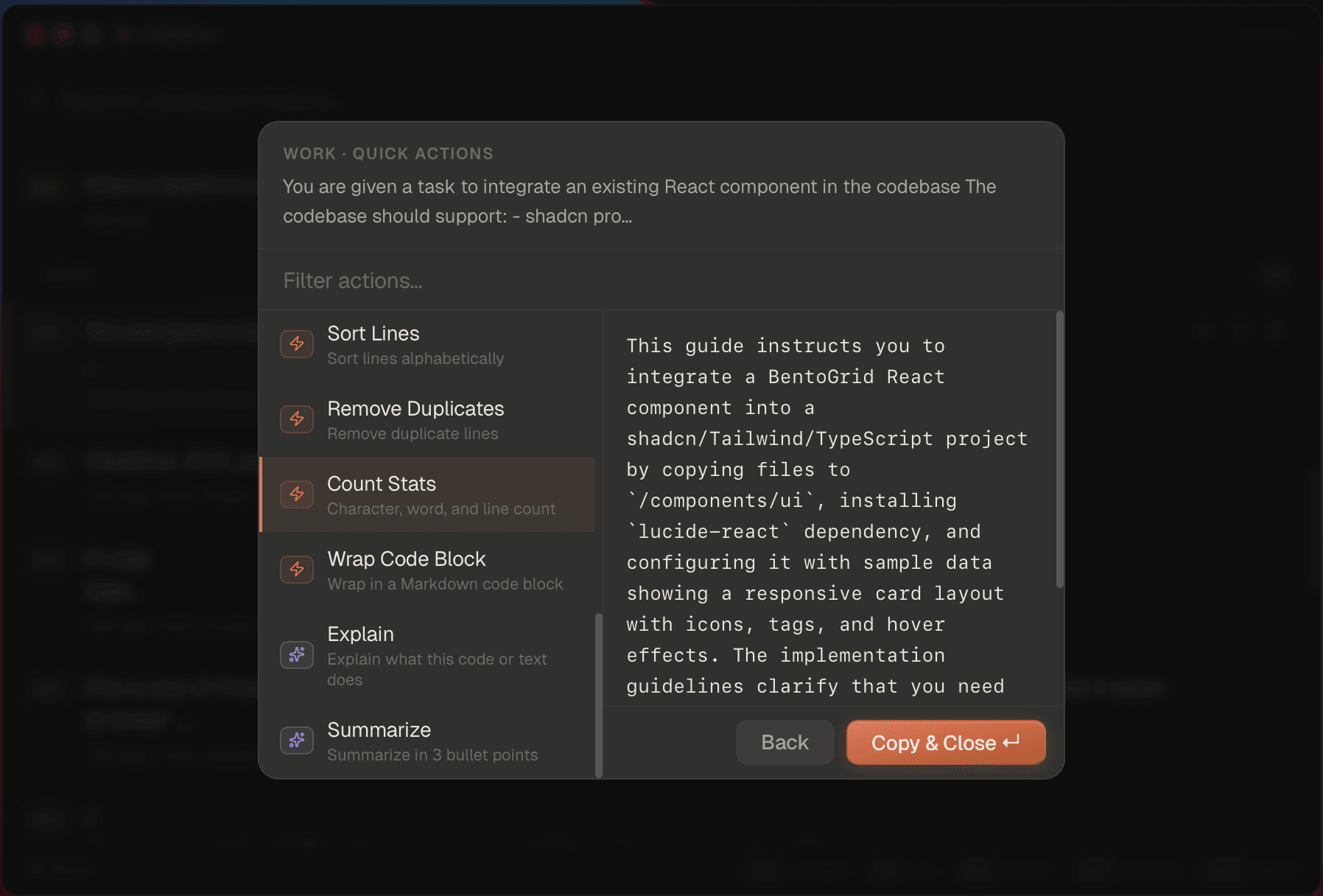 ClipMind quick-actions menu, with sort lines, remove duplicates, count stats, and explain.