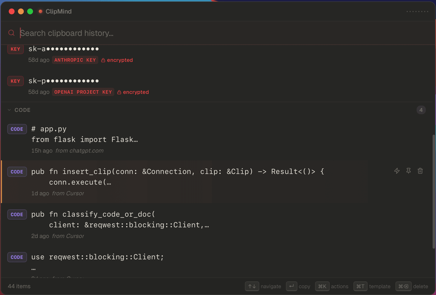 ClipMind window showing categorized clips with encrypted credentials and code snippets.