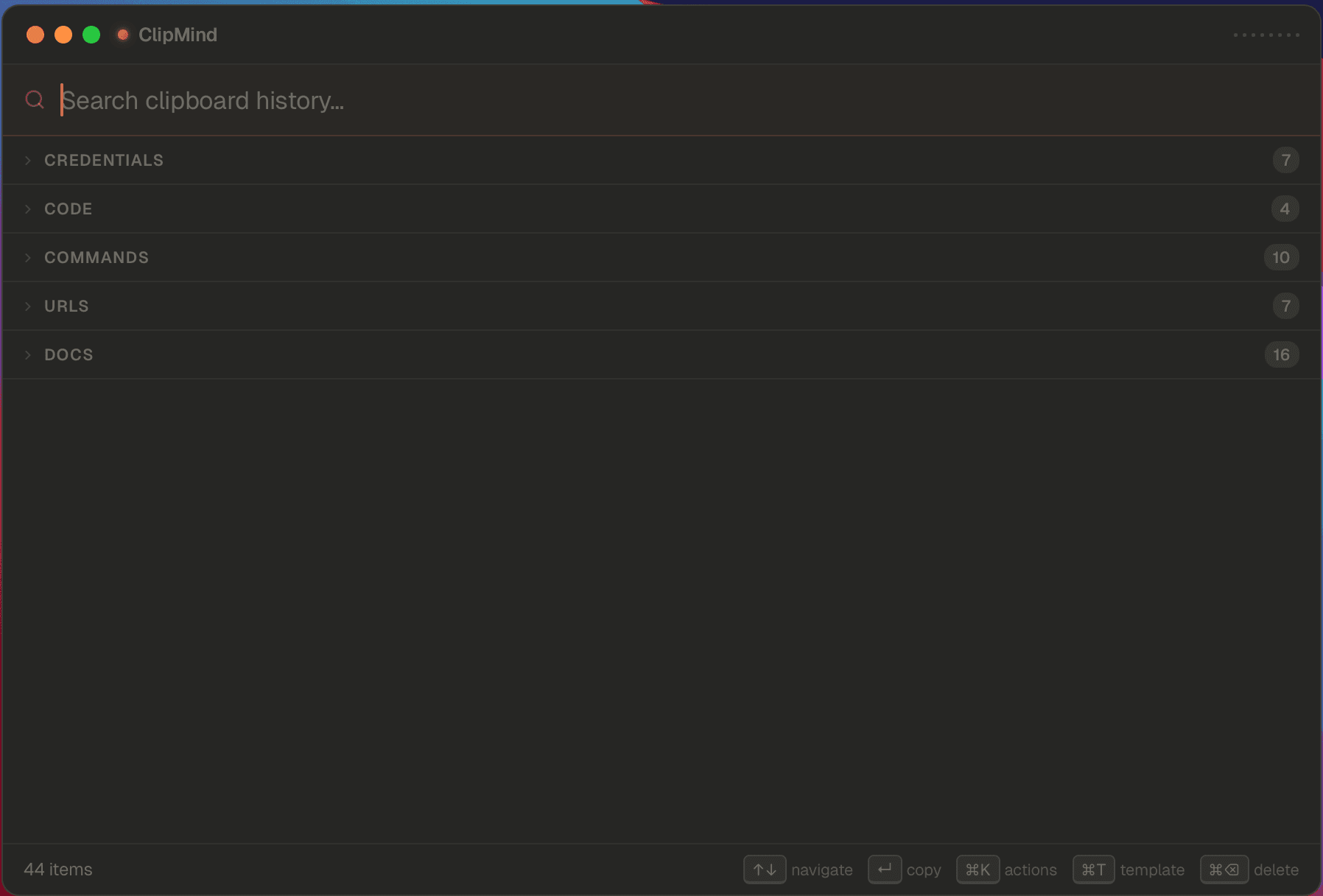 ClipMind app — search clipboard history with categorized credentials, code, commands, URLs, and docs.