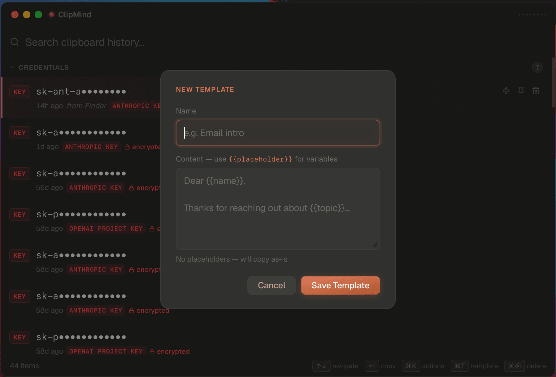 ClipMind template editor with placeholder syntax.